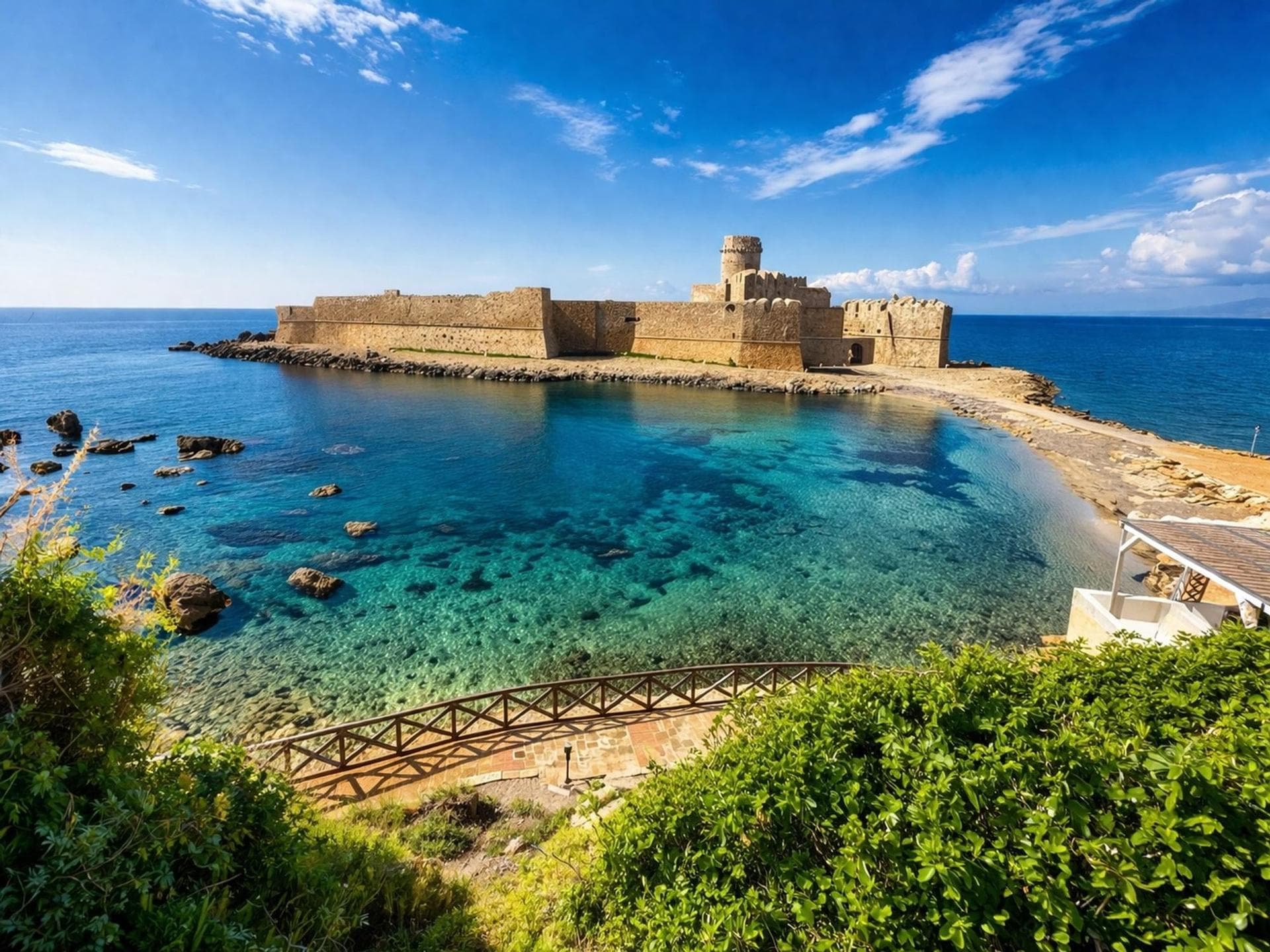 Vista del Castello Aragonese di Le Castella dalla costa